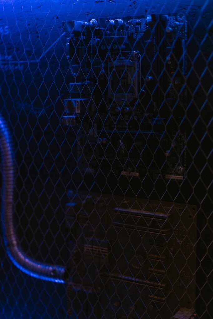 circuit board behind a wire mesh