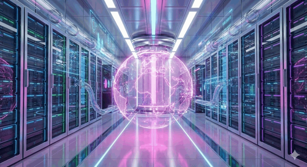 mainframe powered floating globe in a server room